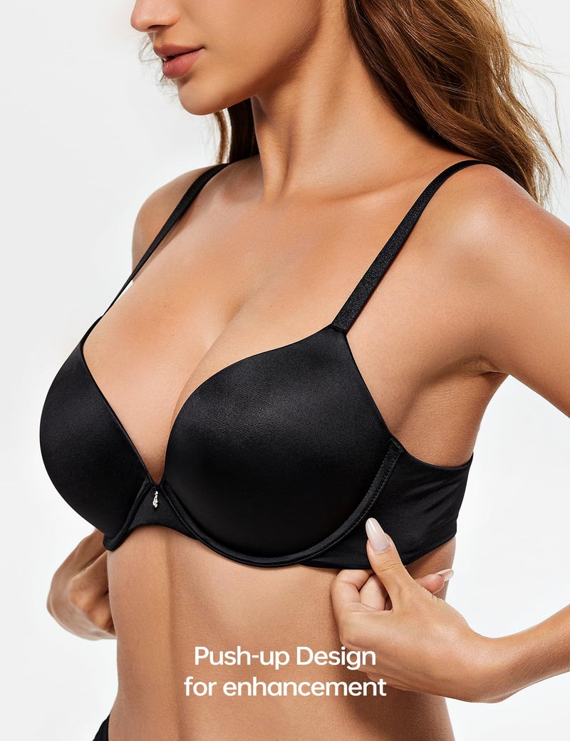 Wingslove Women's Push Up Bra T-Shirt Lightly Padded Underwire Bra Basic Comfort Everyday Plunge Bra (Black, 38B) - Image 2