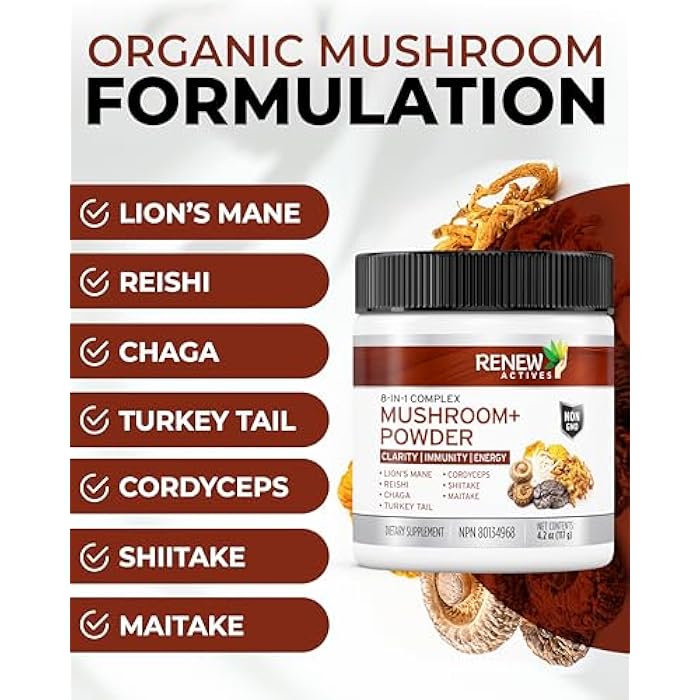 Renew Actives Renew ActivRenew Actives Mushroom Plus - Adaptogen & Antioxidant Blend - Supports Energy, Stress Relief & Immune Health - 2.2g Scoop, 120 Servings - Image 5