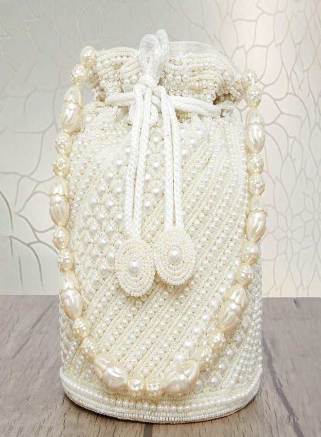 Aheli White Potli Bags Gift for Women Evening Bag Clutch Ethnic Bride Purse with Drawstring Mothers Day Gifts for Mom - Image 3