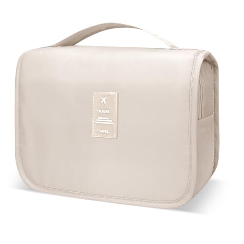 Lcsmaokin Large Capacity Toiletry Bag Travel Bag with Hanging Hook for Men and Women Waterproof Travel Cosmetic Bag Bathroom Storage Bag for Brushes Set, Full-Sized Shampoo,Accessories(Beige) - Image 1