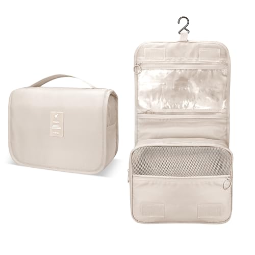Lcsmaokin Large Capacity Toiletry Bag Travel Bag with Hanging Hook for Men and Women Waterproof Travel Cosmetic Bag Bathroom Storage Bag for Brushes Set, Full-Sized Shampoo,Accessories(Beige) - Image 2