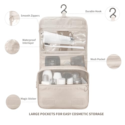 Lcsmaokin Large Capacity Toiletry Bag Travel Bag with Hanging Hook for Men and Women Waterproof Travel Cosmetic Bag Bathroom Storage Bag for Brushes Set, Full-Sized Shampoo,Accessories(Beige) - Image 3