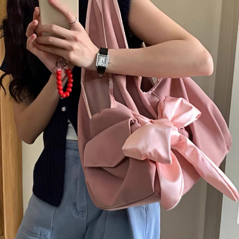 Siwe170 Women's Pink Plaid Bow Tote Shoulder Bag, Large Capacity - Image 3