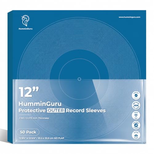 HumminGuru Vinyl Record Outer Sleeves 12 Inch Crystal Clear HighDensity Plastic Protective Outer Vinyl Sleeves for Single Double LP Album Covers HDPP 3Mil 50 Pack 12 Seamless Outer Sleeve - Image 1