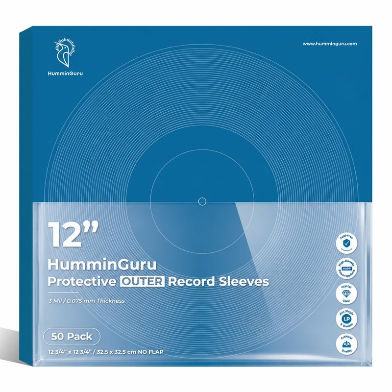 HumminGuru Vinyl Record Outer Sleeves 12 Inch Crystal Clear HighDensity Plastic Protective Outer Vinyl Sleeves for Single Double LP Album Covers HDPP 3Mil 50 Pack 12 Seamless Outer Sleeve - Image 2