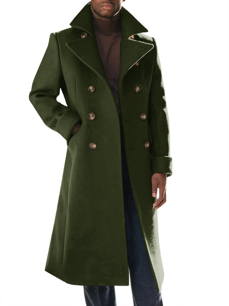 Runcati Mens Trench Coat Notch Lapel Slim Fit Double Breasted Long Pea Coat Winter Warm Overcoat - Image 1
