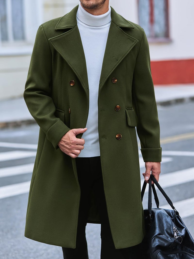 Runcati Mens Trench Coat Notch Lapel Slim Fit Double Breasted Long Pea Coat Winter Warm Overcoat - Image 2