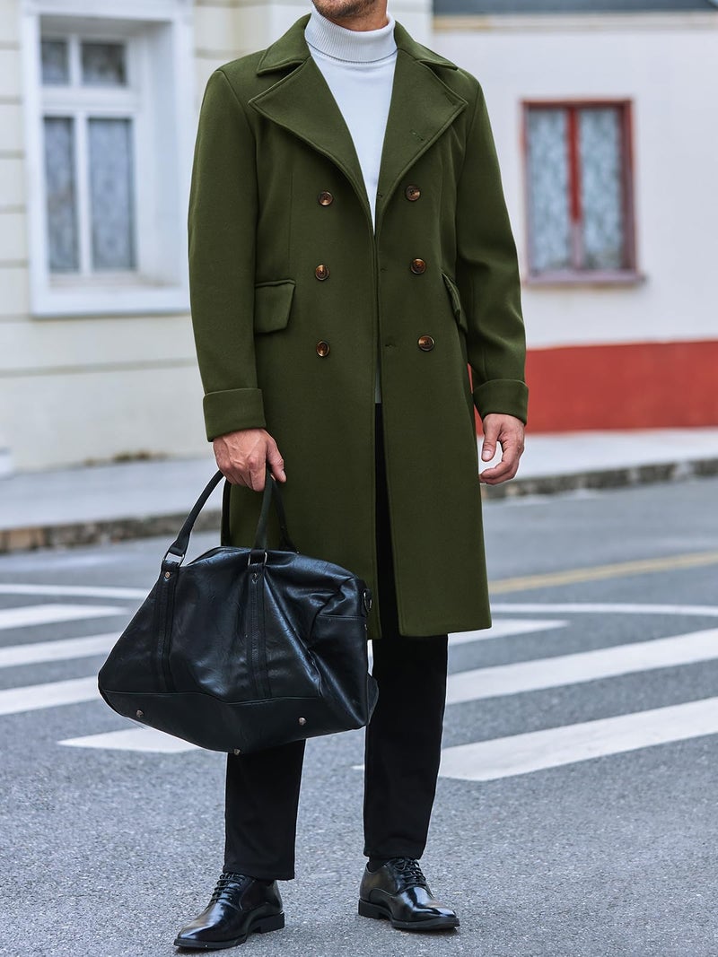 Runcati Mens Trench Coat Notch Lapel Slim Fit Double Breasted Long Pea Coat Winter Warm Overcoat - Image 4