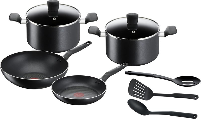 T-fal TEFAL Cookware Set of 9 PCs |Super Cook| frypan 24 cm/wokpan 28 cm/stewpots 22/24 cm/spoon/slotted spoon/slotted spatula | Aluminium Non-Stick with Thermo Signal | Black | 2 Years Warranty | B459S984 - Image 1