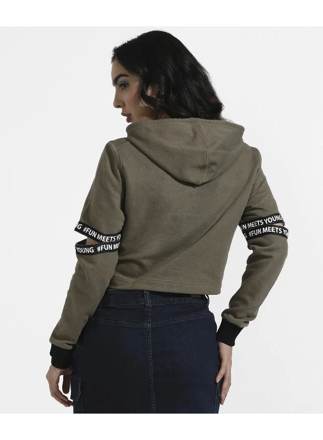 Pinacolada  Women's Olive Green Pullover Hoodie With Cut-Out Sleeves for Women | Best Price UAE