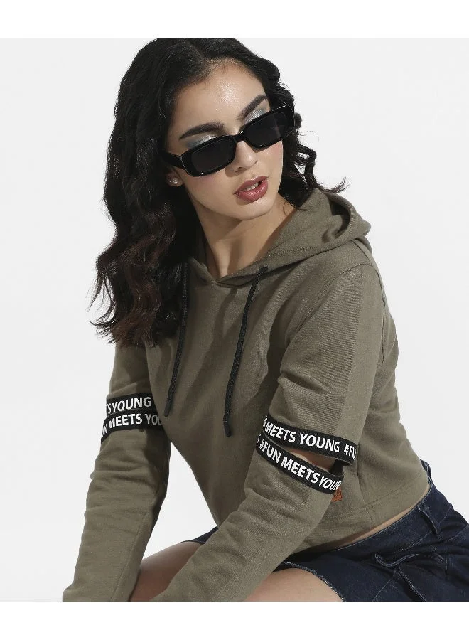 Pinacolada  Women's Olive Green Pullover Hoodie With Cut-Out Sleeves for Women | Best Price UAE
