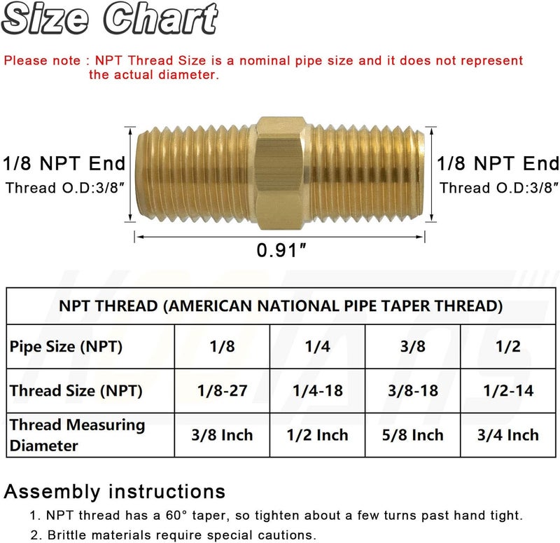 KOOTANS 1/8 NPT x 1/8 NPT Male Solid Brass Hex Nipples, Heavy Brass Pipe Adapter Fittings Equal Nipples Connectors 4Pieces - Image 2