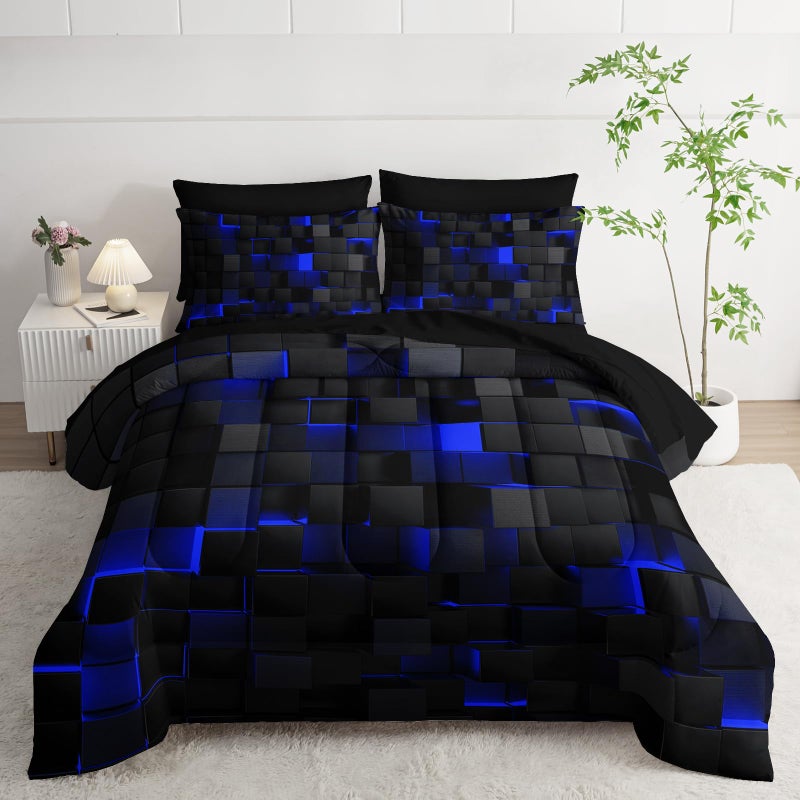 Nttopship Geometric Blue Black Twin Comforter Set,Light Honeycomb Bedding Set 7 Piece in A Bag,Bed Sheet Set Geometry Decor,Microfiber Lightweight All Season - Image 1