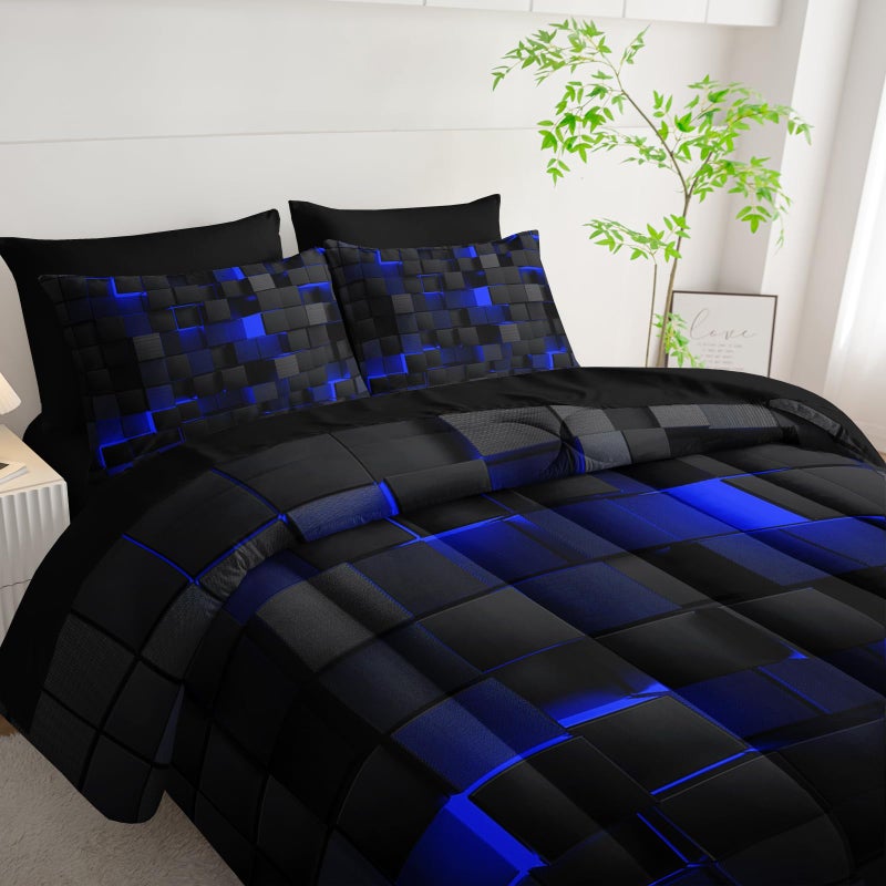 Nttopship Geometric Blue Black Twin Comforter Set,Light Honeycomb Bedding Set 7 Piece in A Bag,Bed Sheet Set Geometry Decor,Microfiber Lightweight All Season - Image 3