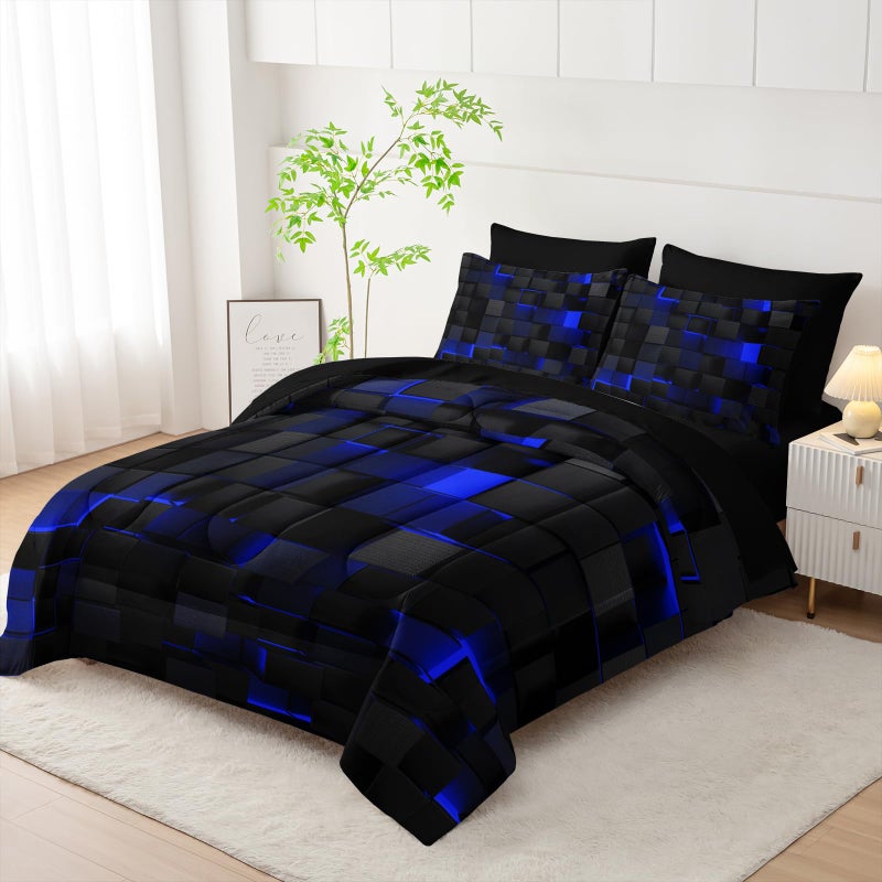 Nttopship Geometric Blue Black Twin Comforter Set,Light Honeycomb Bedding Set 7 Piece in A Bag,Bed Sheet Set Geometry Decor,Microfiber Lightweight All Season - Image 2