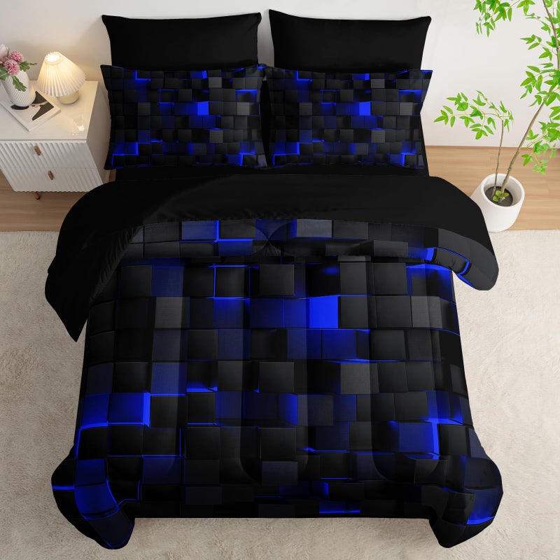 Nttopship Geometric Blue Black Twin Comforter Set,Light Honeycomb Bedding Set 7 Piece in A Bag,Bed Sheet Set Geometry Decor,Microfiber Lightweight All Season - Image 4