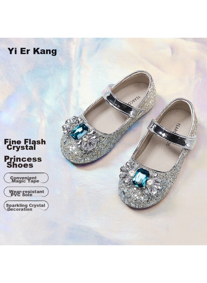 YEARCON Yierkang Girls' Leather Shoes, Autumn Elsa Princess Shoes, Children's Crystal Shoes, Big Kids' Performance Shoes, Soft-soled Shoes, Silver/blue, Size 35 - Image 2