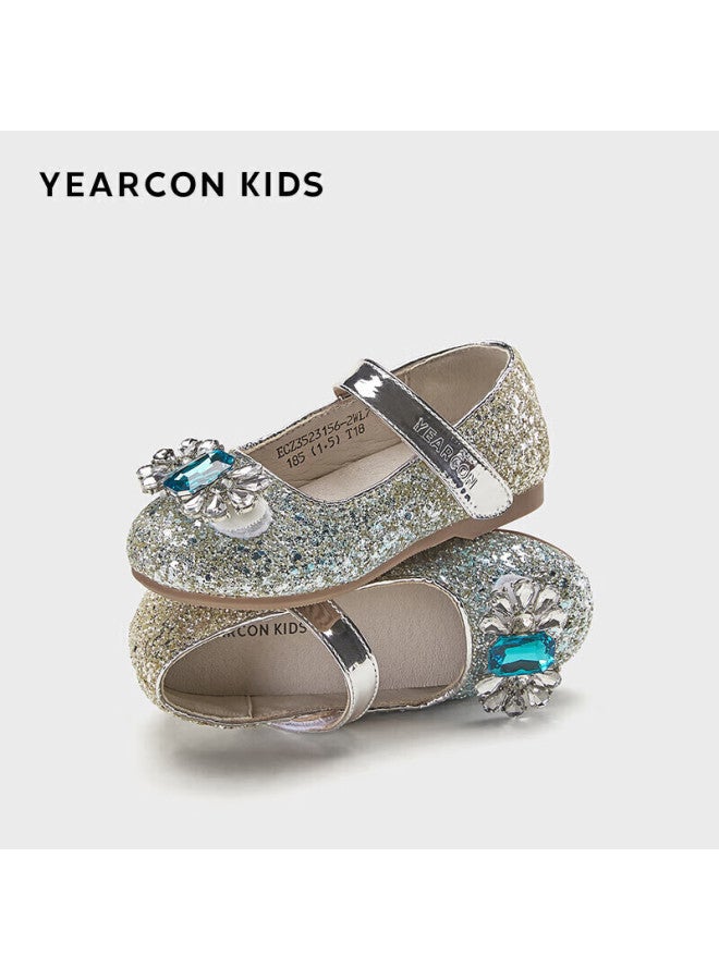YEARCON Yierkang Girls' Leather Shoes, Autumn Elsa Princess Shoes, Children's Crystal Shoes, Big Kids' Performance Shoes, Soft-soled Shoes, Silver/blue, Size 35 - Image 4