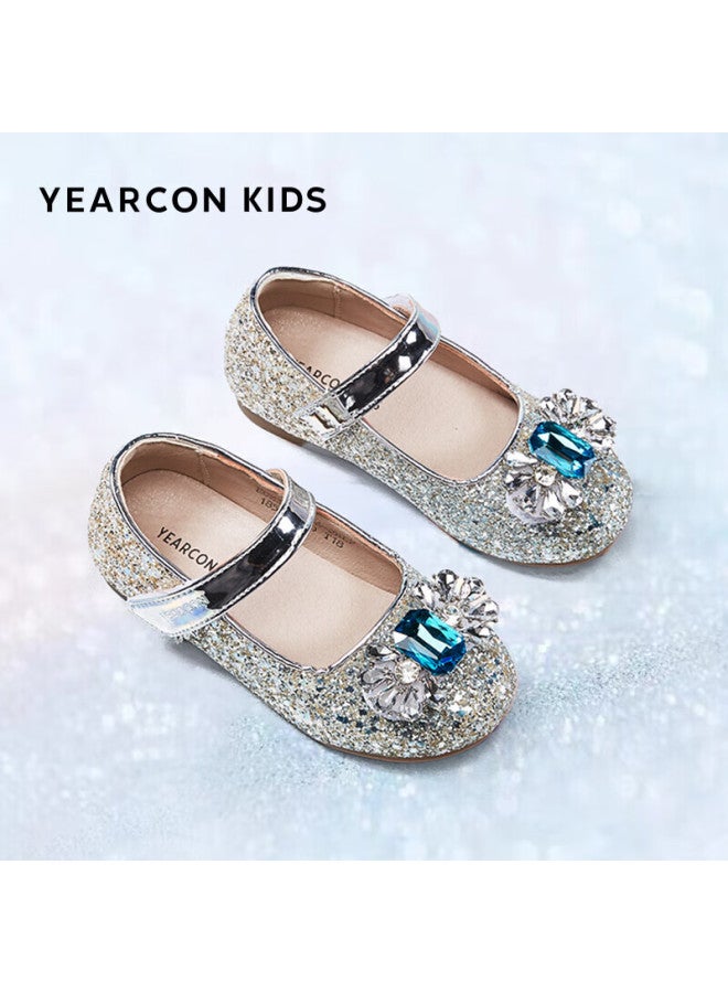 YEARCON Yierkang Girls' Leather Shoes, Autumn Elsa Princess Shoes, Children's Crystal Shoes, Big Kids' Performance Shoes, Soft-soled Shoes, Silver/blue, Size 35 - Image 1