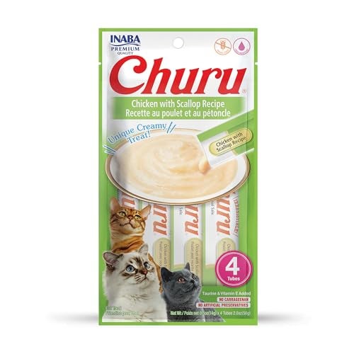 INABA Churu Cat Treats, Grain-Free, Lickable, Squeezable Creamy Purée Cat Treat/Topper with Vitamin E & Taurine, 0.5 Ounces Each Tube, 4 Tubes, Chicken with Scallop Recipe - Image 1