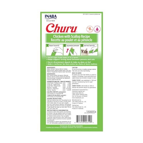 INABA Churu Cat Treats, Grain-Free, Lickable, Squeezable Creamy Purée Cat Treat/Topper with Vitamin E & Taurine, 0.5 Ounces Each Tube, 4 Tubes, Chicken with Scallop Recipe - Image 2