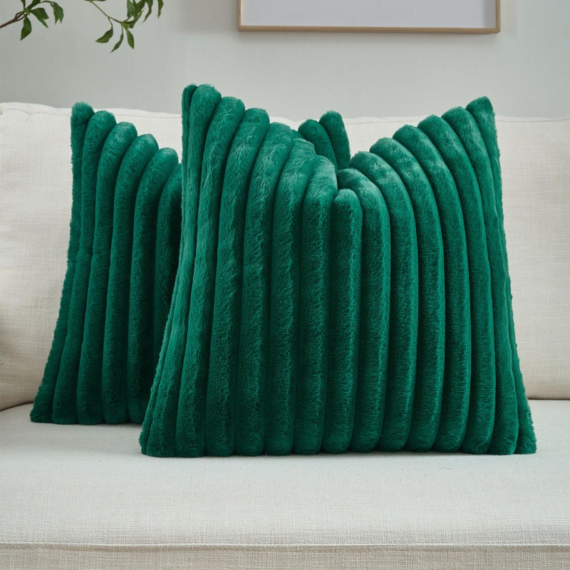 FUTEI Pack of 2 Fluffy Faux Fur Throw Pillow Covers 18x18 Inch Elegant Striped Textured Decorative Cushion Cases Modern Accent Pillow for Couch Bed Living Room Emerald Green - Image 2