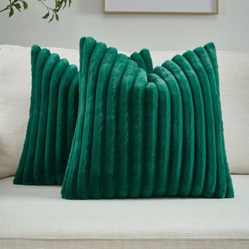 FUTEI Pack of 2 Fluffy Faux Fur Throw Pillow Covers 18x18 Inch Elegant Striped Textured Decorative Cushion Cases Modern Accent Pillow for Couch Bed Living Room Emerald Green - Image 1