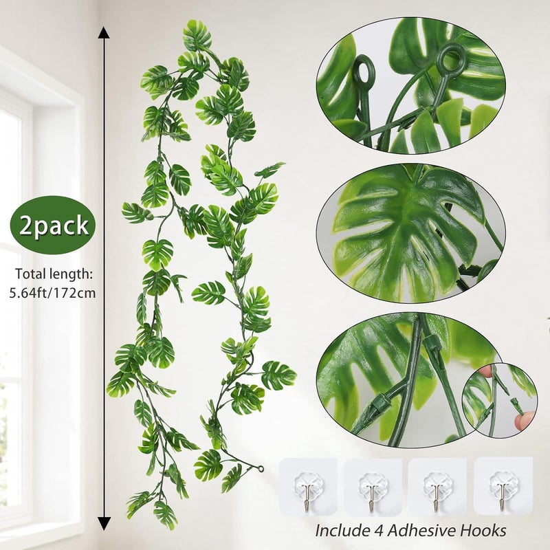 Dekorly Artificial Monstera Leaf Vines 2Pcs 4FT Fake Hanging Plants Ivy Palm Leaves Greenery Vines Faux Tropical Monstera Garland for Garden Porch Patio Jungle Party Indoor Outdoor Décor - Image 4