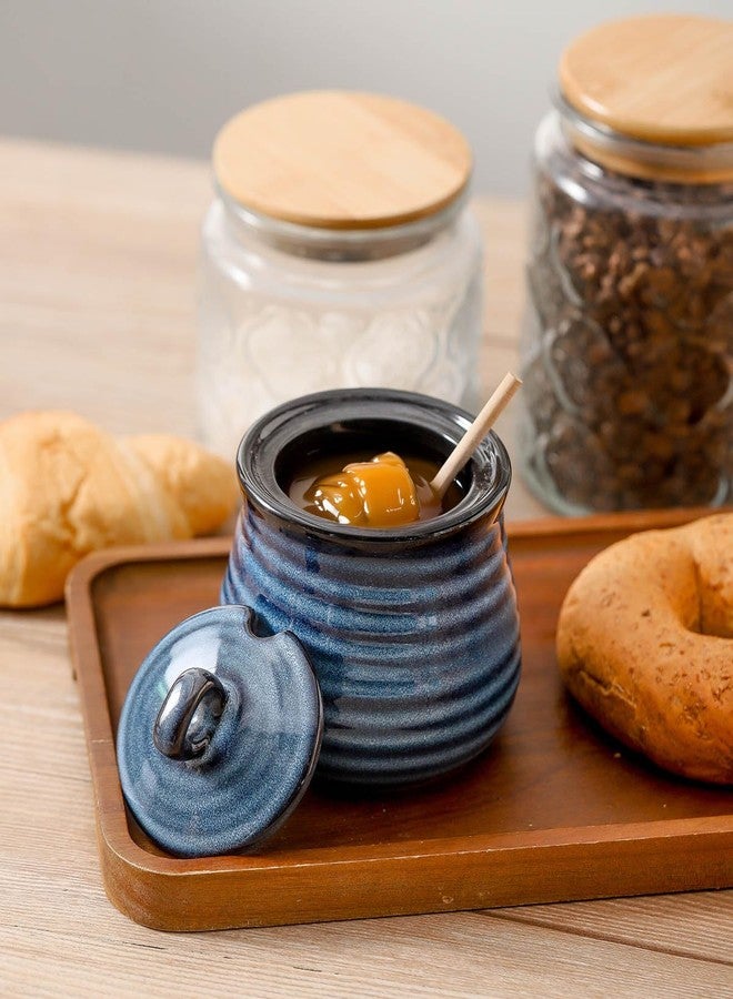 Tikooere Ceramic Honey Pot with Lid and Honey Dipper, 12 oz Honey Jar and Wooden Dipper, Pottery Honey Container for Home, Cute Honey Dish, Dishwasher Safe, Blue - Image 3