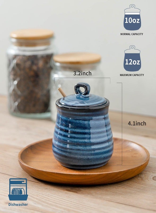 Tikooere Ceramic Honey Pot with Lid and Honey Dipper, 12 oz Honey Jar and Wooden Dipper, Pottery Honey Container for Home, Cute Honey Dish, Dishwasher Safe, Blue - Image 2