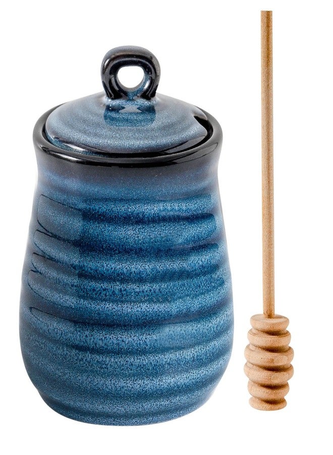 Tikooere Ceramic Honey Pot with Lid and Honey Dipper, 12 oz Honey Jar and Wooden Dipper, Pottery Honey Container for Home, Cute Honey Dish, Dishwasher Safe, Blue - Image 1