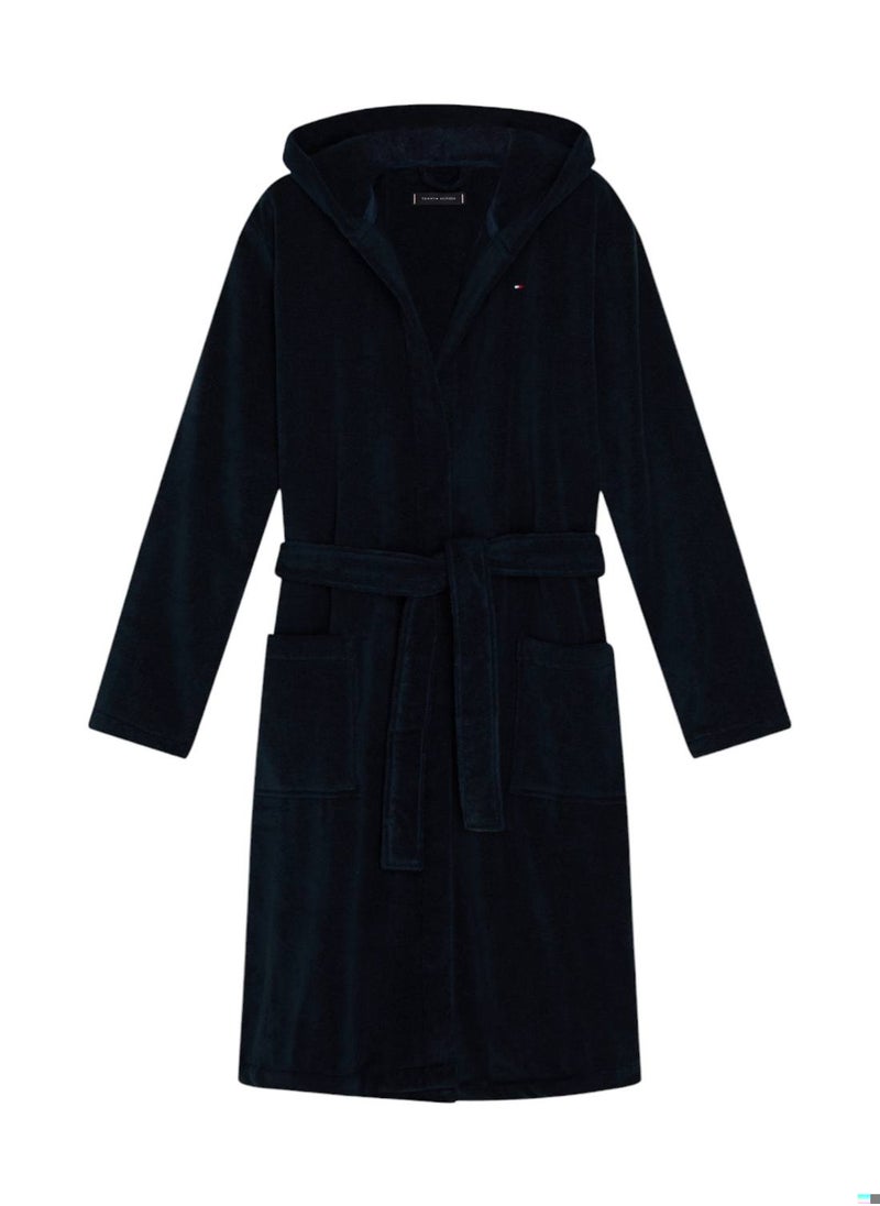 TOMMY HILFIGER Men's Pure Cotton Hooded Bathrobe - Cotton, Blue 