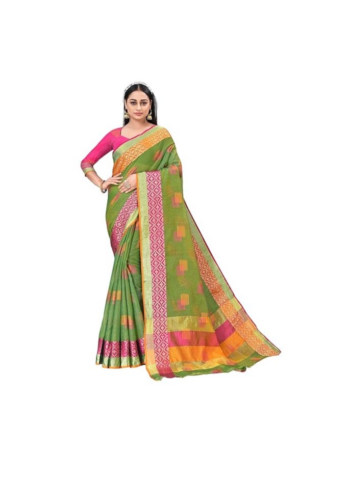 Accessorize Kingdom - Women's Embroidered Cotton Linen Silver Zari Patta Saree With Unstitched Blouse Piece - Image 1