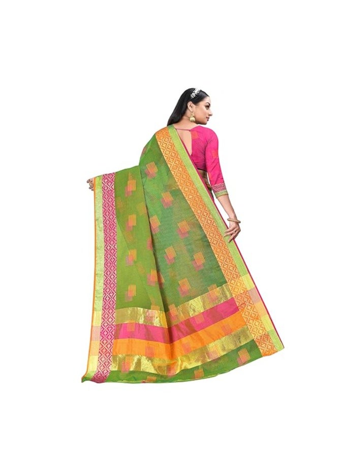 Accessorize Kingdom - Women's Embroidered Cotton Linen Silver Zari Patta Saree With Unstitched Blouse Piece - Image 1