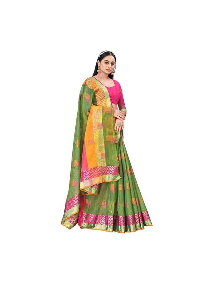 Accessorize Kingdom - Women's Embroidered Cotton Linen Silver Zari Patta Saree With Unstitched Blouse Piece - Image 1
