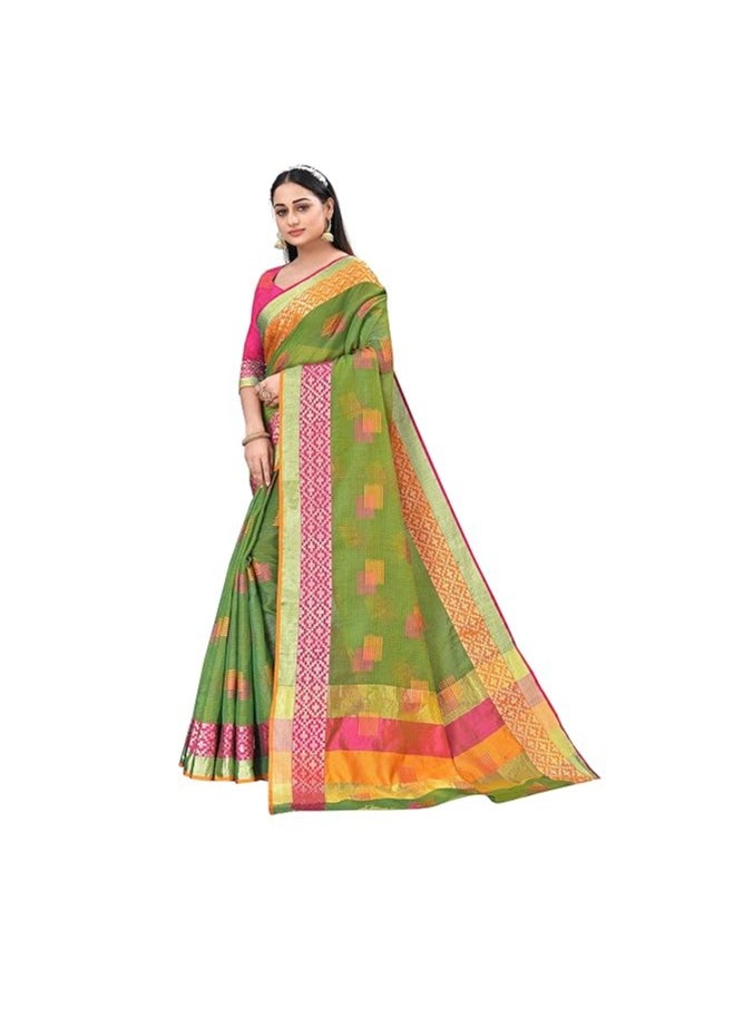 Accessorize Kingdom - Women's Embroidered Cotton Linen Silver Zari Patta Saree With Unstitched Blouse Piece - Image 1
