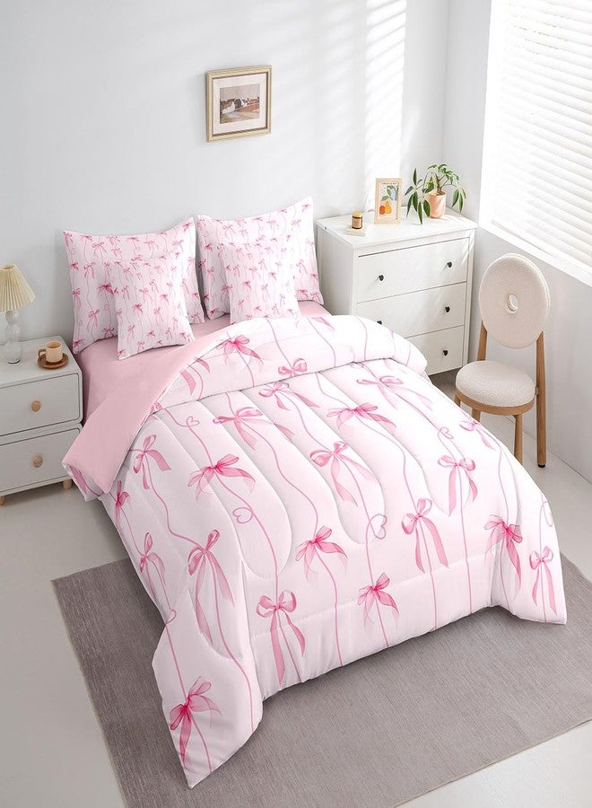 Feelyou Pink Bow Comforter Set with Sheets for Girls Boys Kids Queen Size Cute Bow-tie Bed in a Bag Room Decor Bowknot Girly Dreamy Princess Heart Love 7 Pieces Bedding Set Soft Lightweight - Image 2