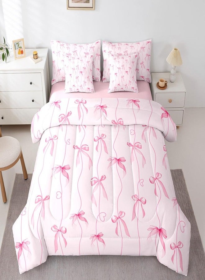 Feelyou Pink Bow Comforter Set with Sheets for Girls Boys Kids Queen Size Cute Bow-tie Bed in a Bag Room Decor Bowknot Girly Dreamy Princess Heart Love 7 Pieces Bedding Set Soft Lightweight - Image 1