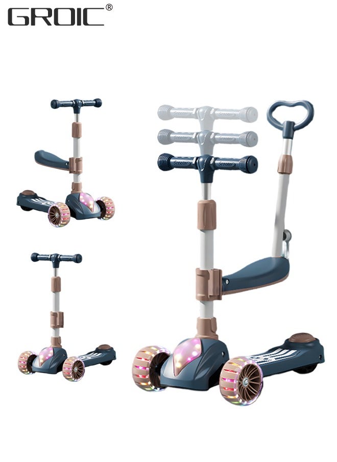 GROIC 3-in-1 Kids Folding Scooter with Music And Light, Flashing Wheels, Adjustable Push Bar & Seat & Handlebar, Widened Non-Slip Deck, 3 Wheel Kick Scooter for Boys Girls  - Image 1
