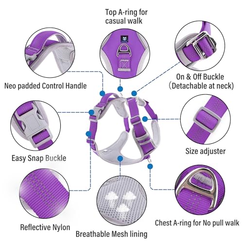 HANK Dog Harness | 3M Reflective Strap | Dog Body Vest for Medium Dogs | Soft Comfortable Padded | Anti Pull Harness for Walking, Training (Violet - Grey - M (14-22Kg) - Image 2