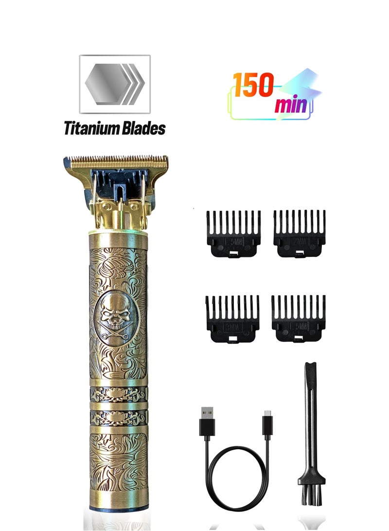 Sprinters - Men Hair Clipper Zero Gapped 6 in 1 Professional Cordless Metal Body Trimmer | Haircut USB Charging Beard Trimmer Wireless Rechargeable Gold Colour Vintage Design (Skull Design, Gold) - Image 1
