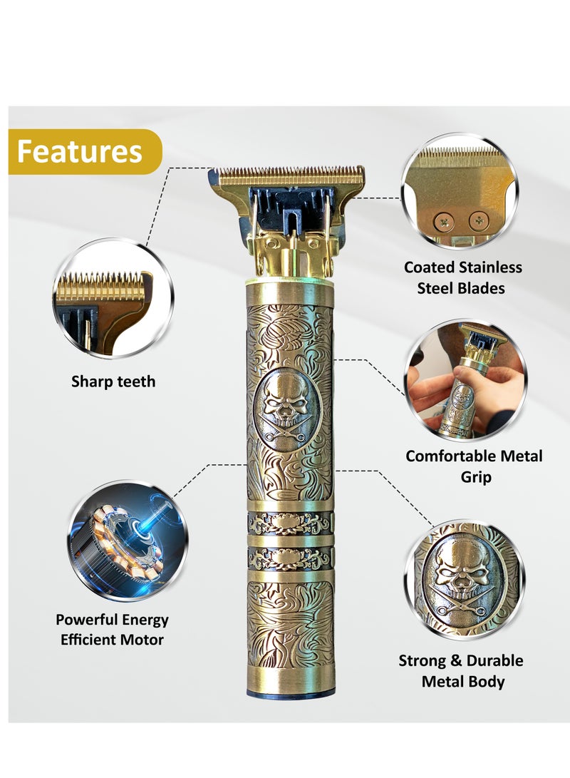 Sprinters - Men Hair Clipper Zero Gapped 6 in 1 Professional Cordless Metal Body Trimmer | Haircut USB Charging Beard Trimmer Wireless Rechargeable Gold Colour Vintage Design (Skull Design, Gold) - Image 2