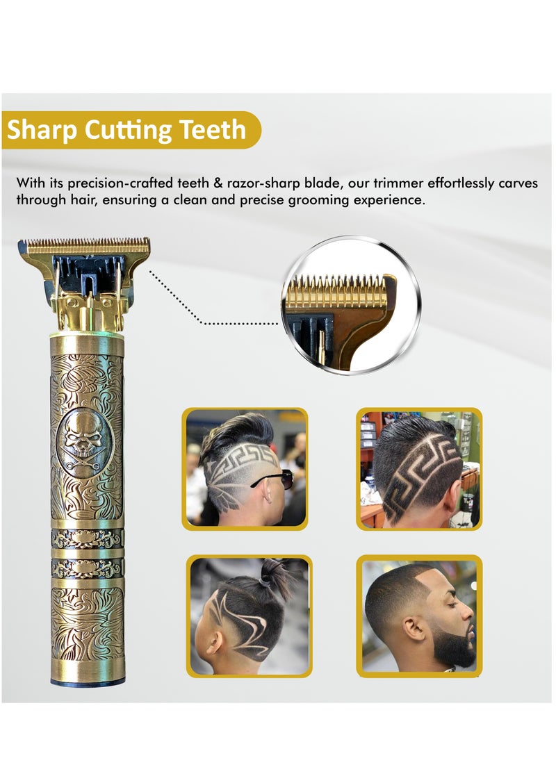 Sprinters - Men Hair Clipper Zero Gapped 6 in 1 Professional Cordless Metal Body Trimmer | Haircut USB Charging Beard Trimmer Wireless Rechargeable Gold Colour Vintage Design (Skull Design, Gold) - Image 4