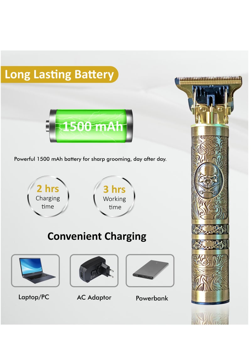 Sprinters - Men Hair Clipper Zero Gapped 6 in 1 Professional Cordless Metal Body Trimmer | Haircut USB Charging Beard Trimmer Wireless Rechargeable Gold Colour Vintage Design (Skull Design, Gold) - Image 3