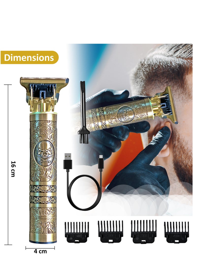 Sprinters - Men Hair Clipper Zero Gapped 6 in 1 Professional Cordless Metal Body Trimmer | Haircut USB Charging Beard Trimmer Wireless Rechargeable Gold Colour Vintage Design (Skull Design, Gold) - Image 5