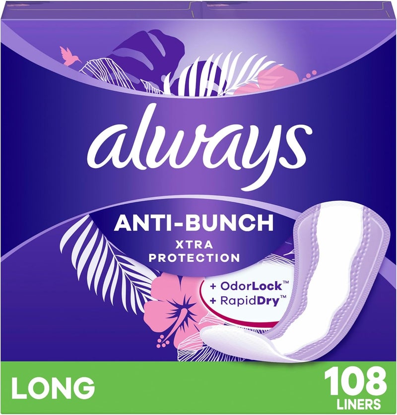 Always Anti-Bunch Xtra Protection Daily Liners Long Unscented, Anti Bunch Helps You Feel Comfortable, 108 Count (Packaging May Vary)