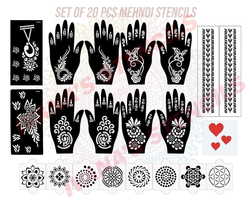 ivana's Ivanas Set of 20 Pcs Combo Pack Reusable Mehandi Design Sticker Stencils for Both Hand  Mehendi Stencil  Quick and Easy to Use for Girls Women Kids  Teen D2280 - Image 1