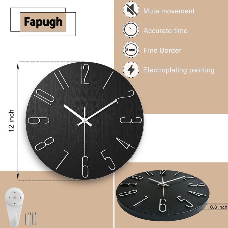 fapugh Wall Clock, Silent Clock, Wall Clocks Battery Operated， 12 inch Modern Wall Clock, Suitable for Offices, Living Rooms, Kitchens, Homes, Schools (Black) - Image 2