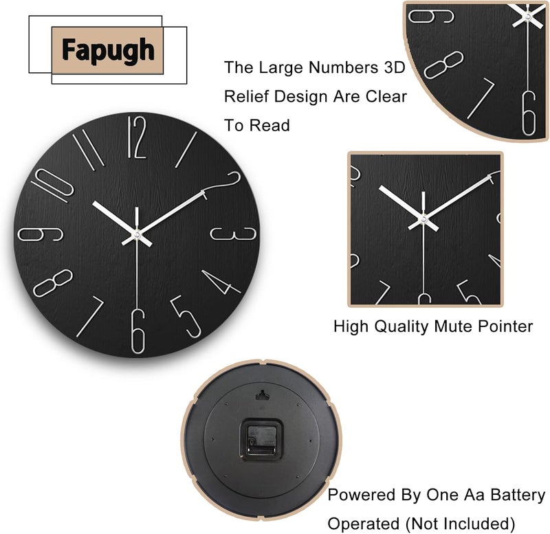 fapugh Wall Clock, Silent Clock, Wall Clocks Battery Operated， 12 inch Modern Wall Clock, Suitable for Offices, Living Rooms, Kitchens, Homes, Schools (Black) - Image 4