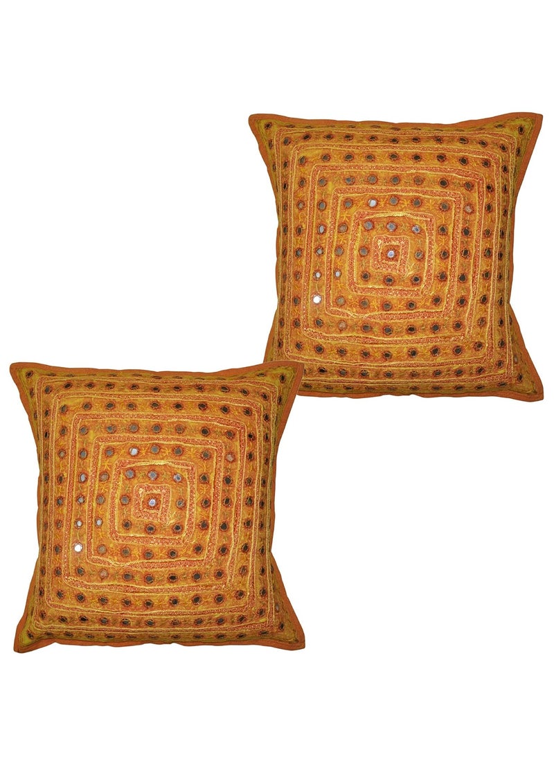 Marusthali - Marusthali Orange Cotton Embroidered Mirror Work Cushion Cover Set 2 Pcs #Mc031 - Image 1